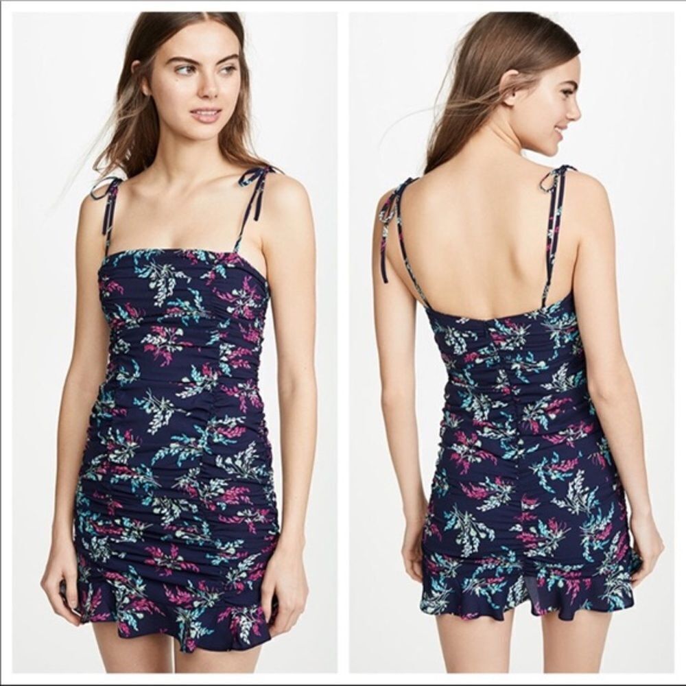 LIKELY Rowley Ruched Mini Dress Size 2 Tie Straps Floral Navy Cottagecore Party